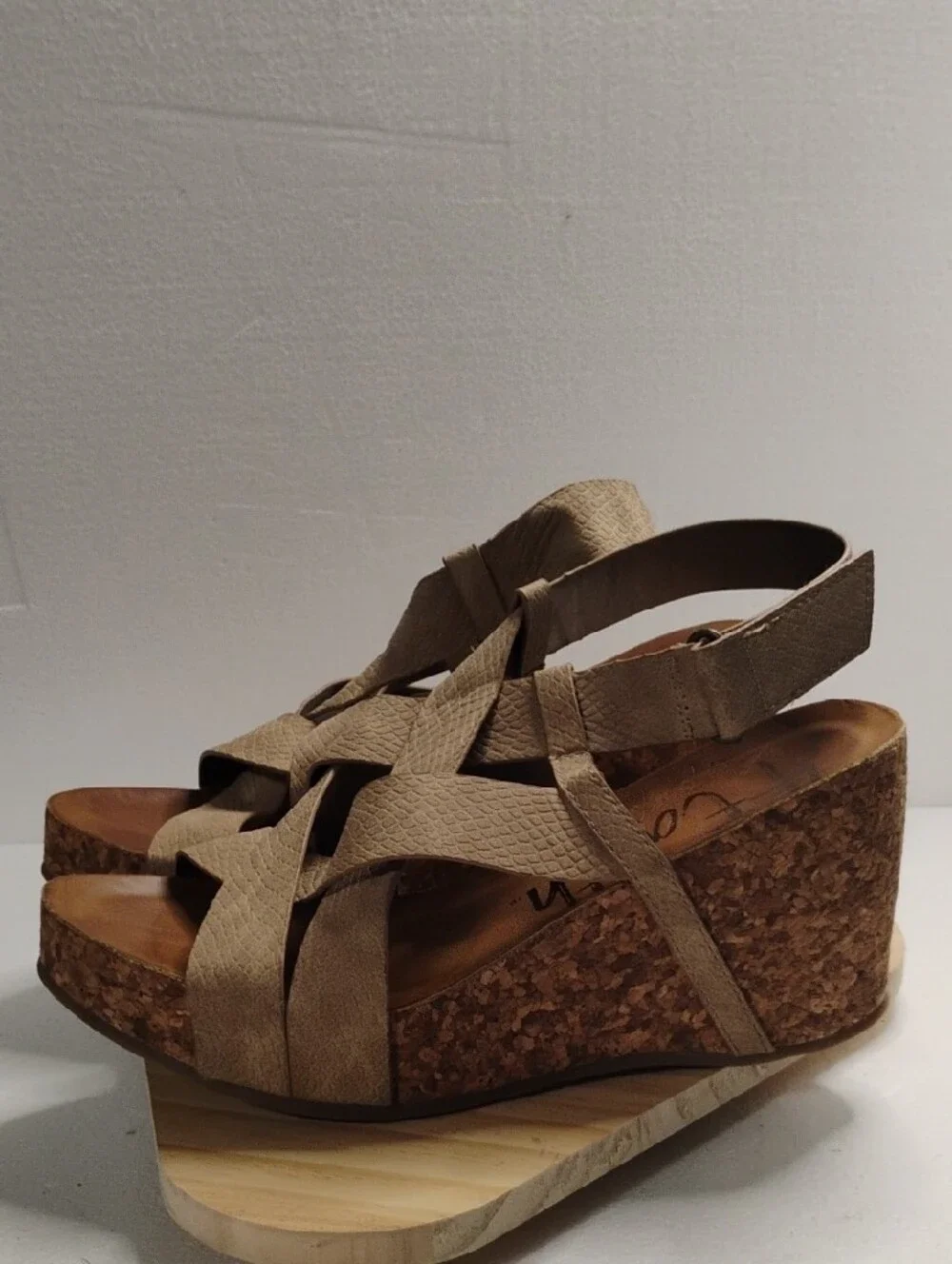 Blowfish Taupe Crisscross Wedge Sandals